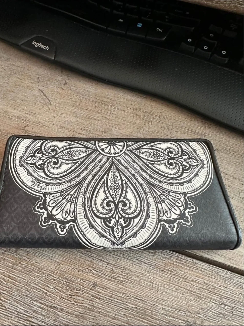 Brighton Black and White Floral-Embellished Leather Wallet